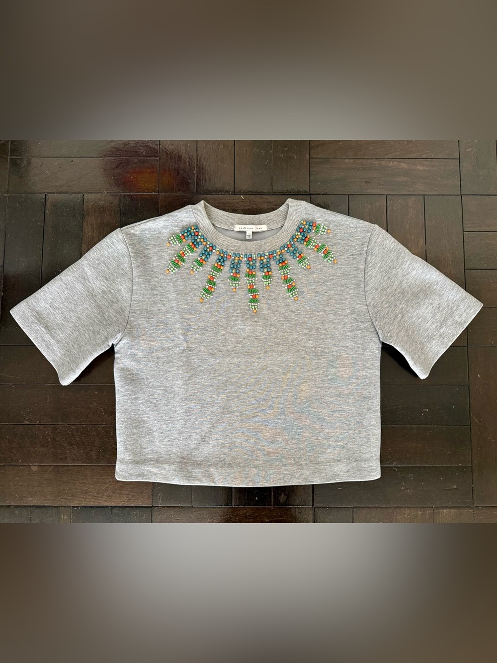 Endless Rose Gray Short Sleeve Top with Multicolor Beaded Neckline